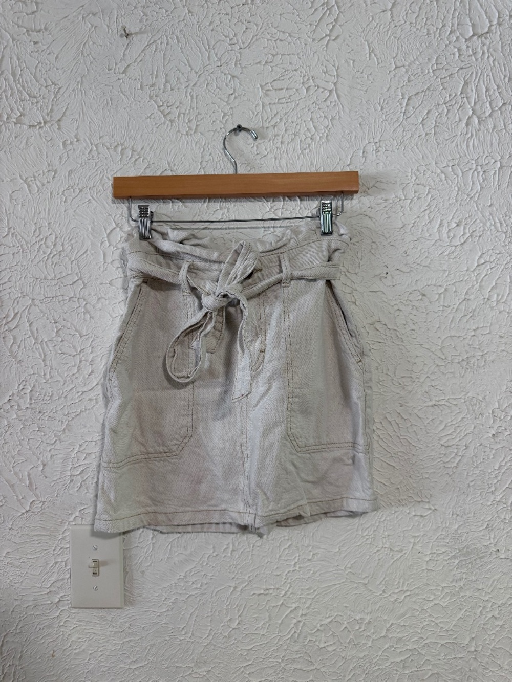 Free People Cream Paperbag Denim Mini Skirt Tie Waist Pockets